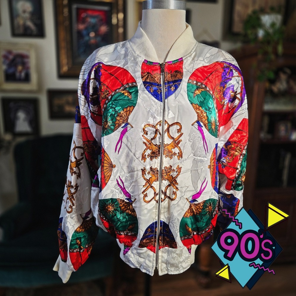 Metro Bomber Jacket Vintage 90s Graphic Baroque Print White Multi Zip Up Large